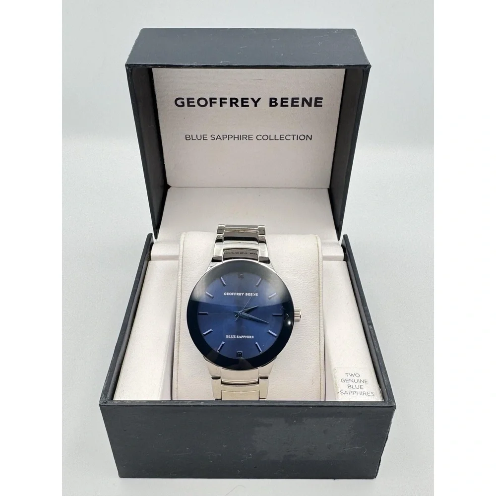 Geoffrey‎ Beene Blue Sapphire Collection Men's Watch Silver Tone WORKS GB8188SL